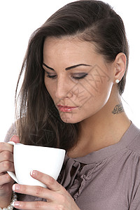 喝茶的女子女士头发咖啡白色背景图片