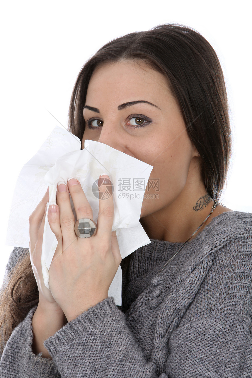 妇女爆鼻发烧咳嗽流感女士组织鼻子喷嚏花粉手帕头发图片