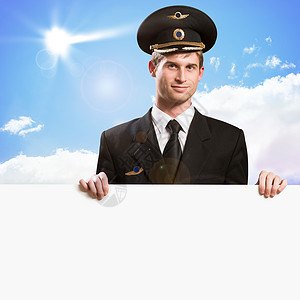 电商云销售海报以持有空广告牌的形式进行试点侦察员飞行员天空男人广告蓝色旅游航空公司绘画领导者背景