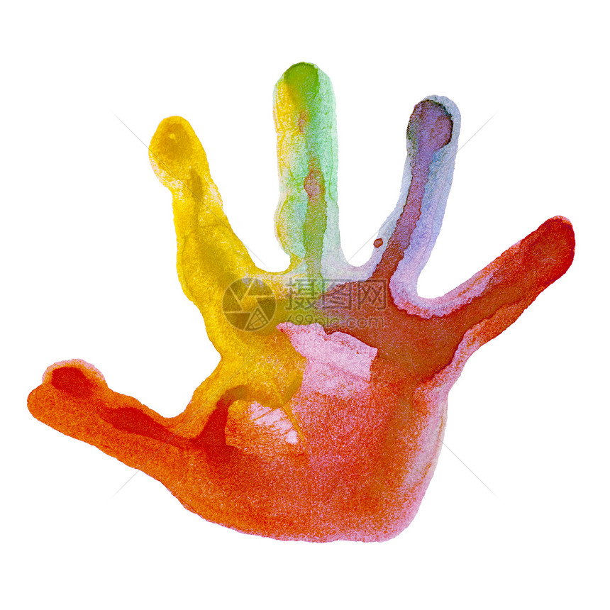 双手标记手印打印墨水棕榈绘画蓝色彩虹孩子艺术团体图片