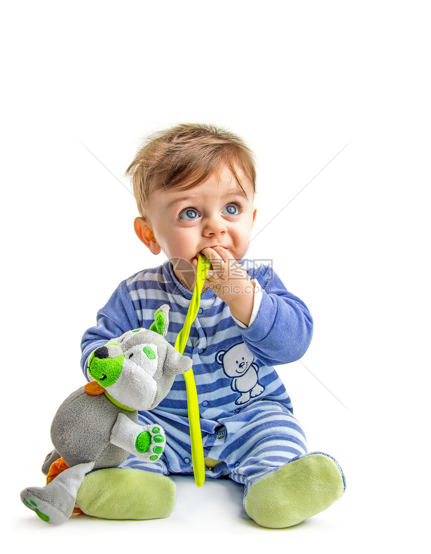 带玩具的婴儿蓝色姿势宏观幸福微笑生活喜悦生长孩子家庭图片