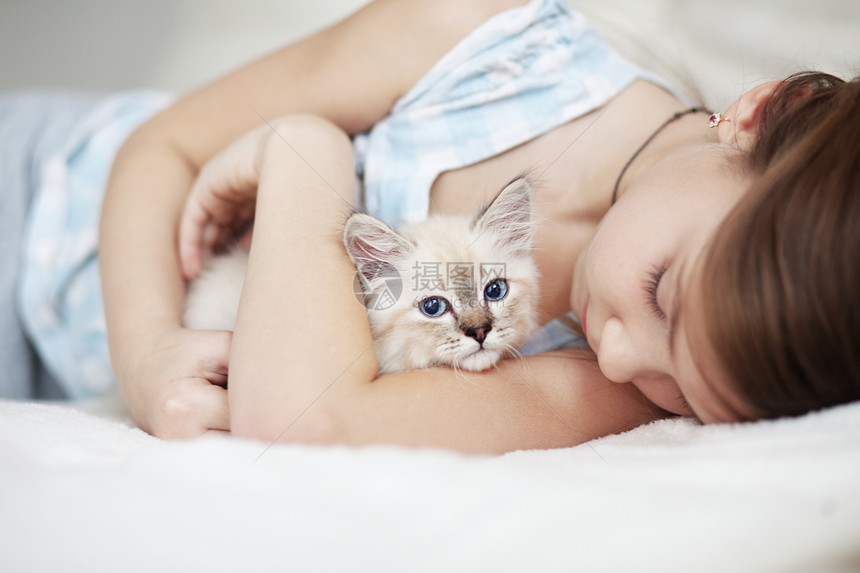 儿童及小猫孩子女孩猫科动物宠物女儿友谊毛皮家庭猫咪快乐图片