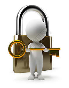 3D小人锁和钥匙金子密码入口白色锁匠开锁储物柜金属背景图片