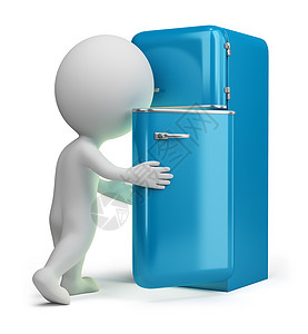 3d 小人复古冰箱蓝色白色男人厨房数字灰色饥饿插图食物冷冻背景图片