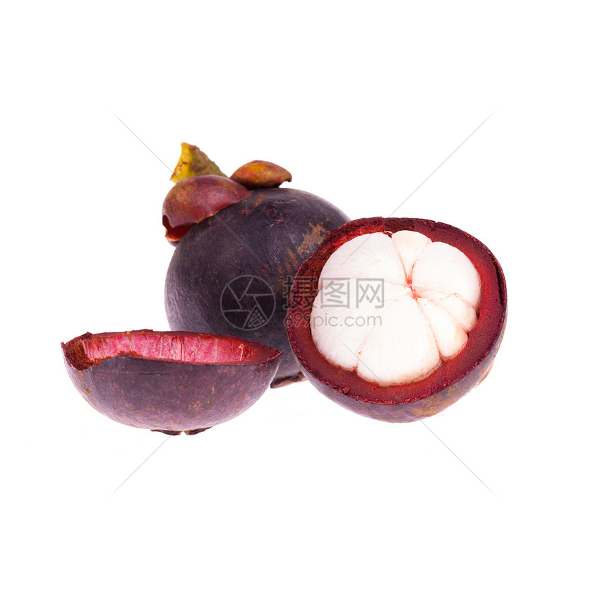 白色背景孤立的芒果区热带山竹水果紫色女王食物果汁绿色素食主义者营养图片