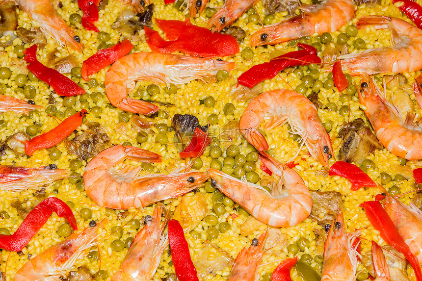 烹饪成锅的传统的西班牙辣椒饼详情海鲜饭对虾食物盘子海鲜胡椒贝类平底锅红色蔬菜图片