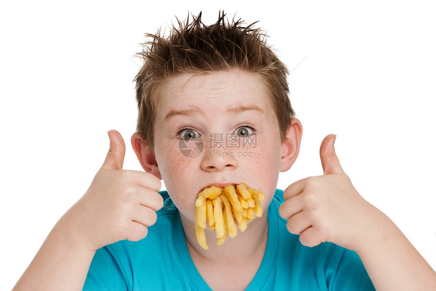 年轻男孩与口香糖芯片土豆手势营养油条筹码饥饿饮食脂肪食物垃圾图片