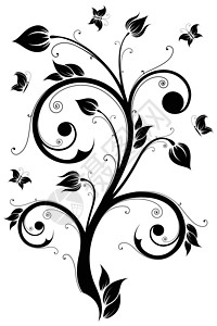 花粉设计元素 矢量插图漩涡叶子模版黑色蝴蝶植物艺术滚动背景图片