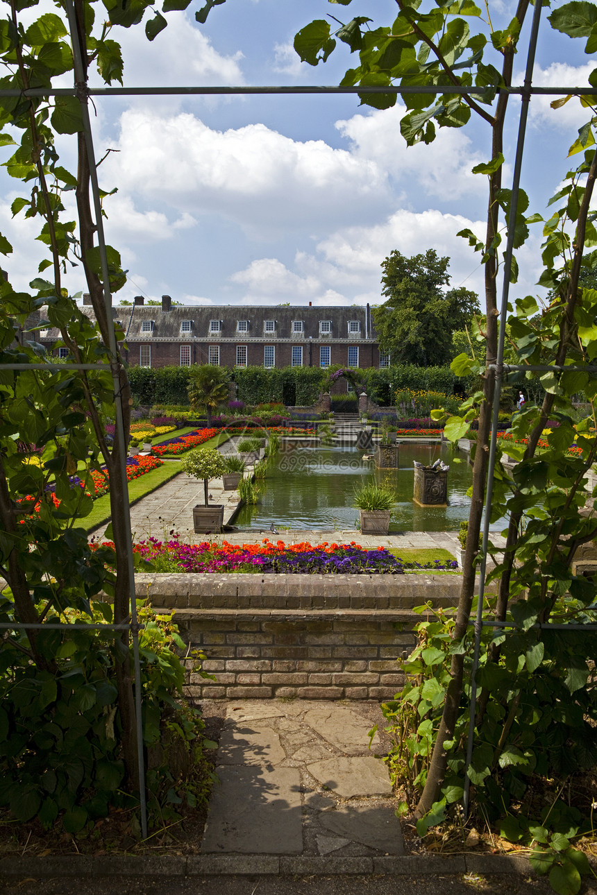 日落花园和肯辛顿宫建筑学城市旅行池塘景点观光历史地标花园皇家图片