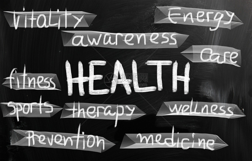 在黑板上用粉笔手写的健康概念医生体力预防插图学习营养商业训练教育压力图片