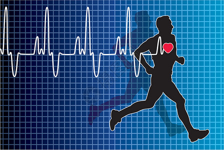 锻炼的心脏心跳和跑人药品跑步蓝色测试赛跑者病人阴影海浪心电图脉冲设计图片