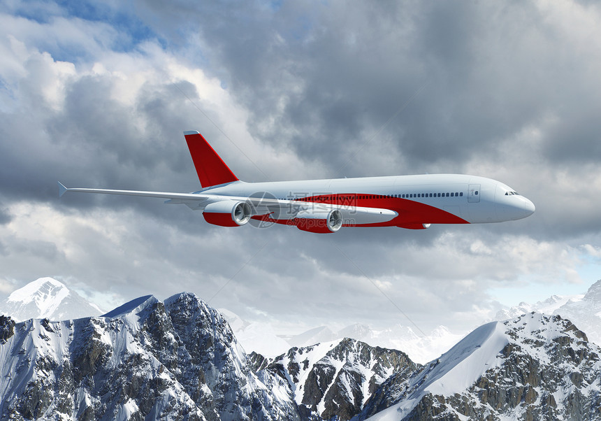 高山上空的白色客机喷射阳光奢华翅膀蓝色土地航空太阳飞机运输图片