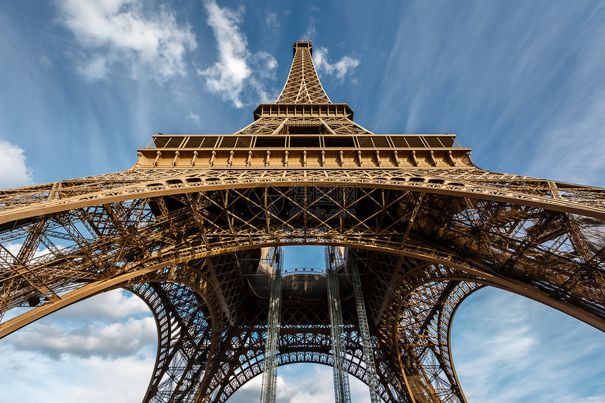 Eiffel铁塔从地面的广视 法国巴黎文化城市假期建筑学地标首都历史建筑蓝色历史性图片