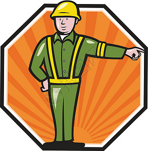 应急工人指针侧卡通工业贸易插图男人卡通片零售商安全帽反光背心男性背景图片
