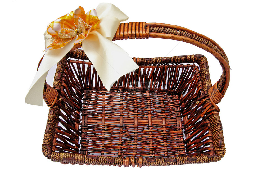 Wicker 篮子无醇白色背景食物手工木头柳条野餐棕褐色工艺圆圈纤维购物图片