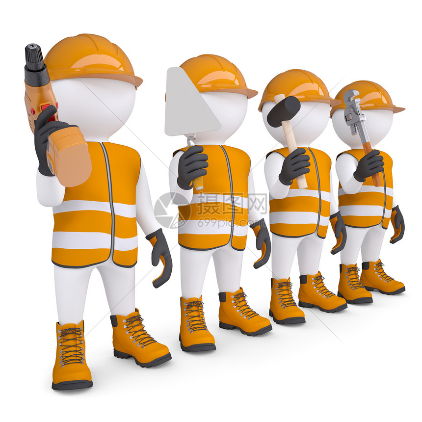 4个3D白人男子穿着带工具的内衣管道钻头工作服职业男人工人力量帽子机器建设者图片