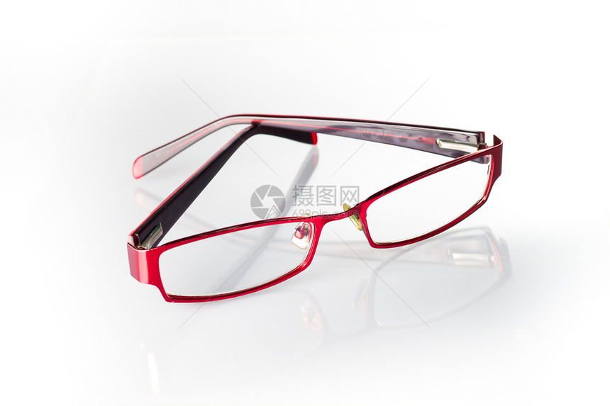 白色上的红镜镜片反射眼镜光学塑料阅读眼睛框架黑色图片
