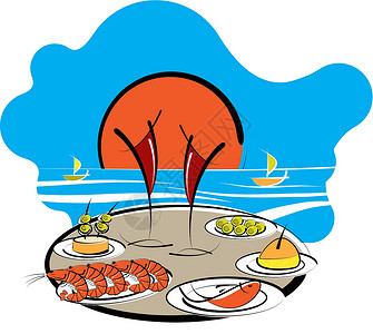 海鲜大拼盘海边的西班牙美食 西班牙美食插画