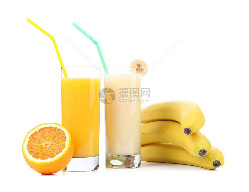 橙子和香蕉汁玻璃茶点塑料热带果汁溪流柠檬液体瓶子水果图片