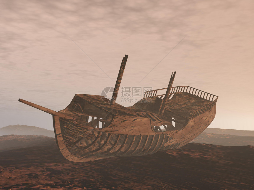 沉船旧船在沙滩上 - 3D制成图片