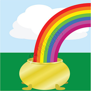 彩虹和田地上的金锅插图高清图片素材