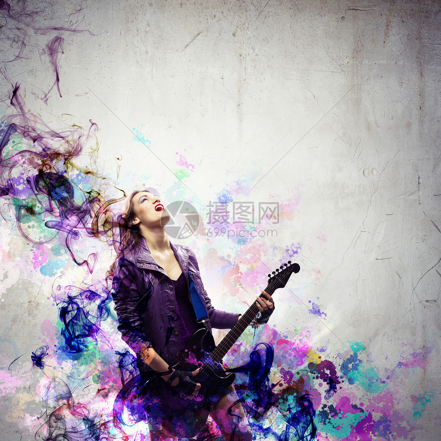 黑翅膀的摇滚激情女孩热情金属乐器吉他手音乐展示舞蹈游戏白色星星图片