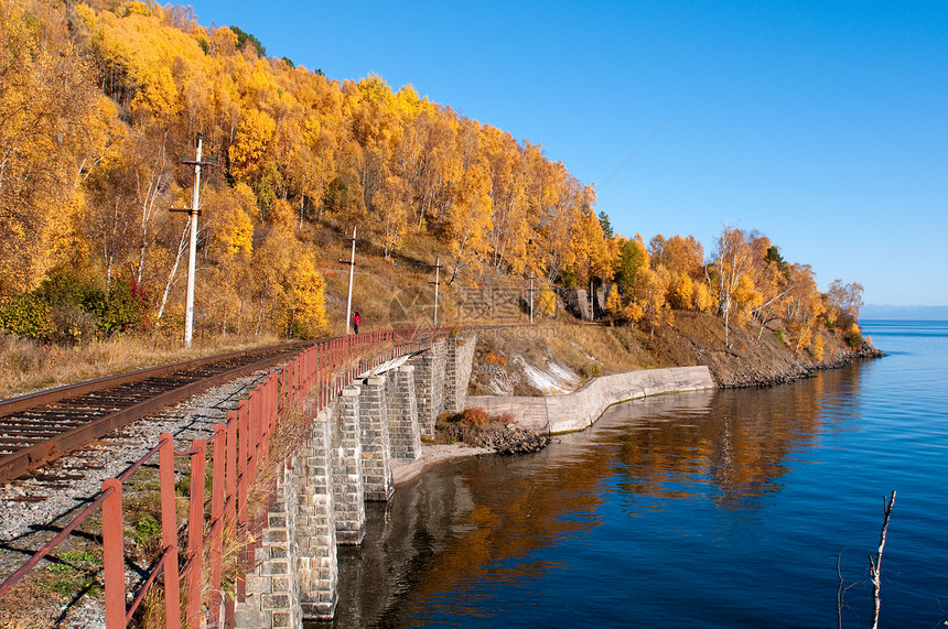 环贝加尔湖铁路  历史悠久的铁路沿俄罗斯伊尔库茨克地区的贝加尔湖运行岩石旅行通道晴天海岸入口工程铁轨海岸线图片