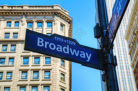 百老汇标志角落城市市中心蓝色建筑街道背景图片