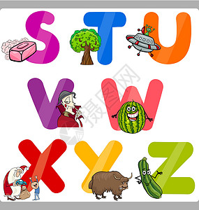 儿童用卡通字母字母教育学校乐趣字体底漆漫画游戏孩子们幼儿园语言牦牛背景图片
