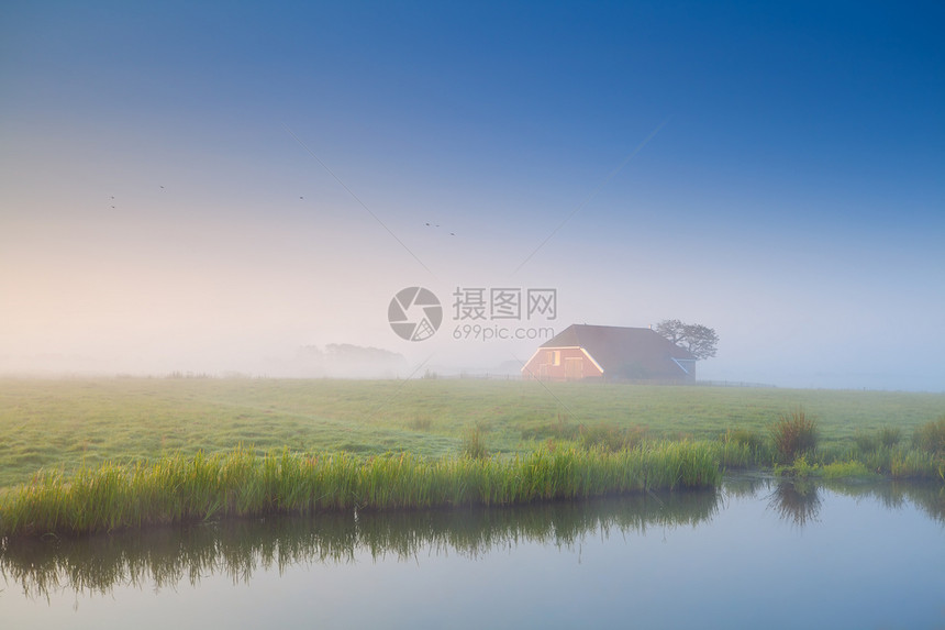 清晨雾中的小房子图片
