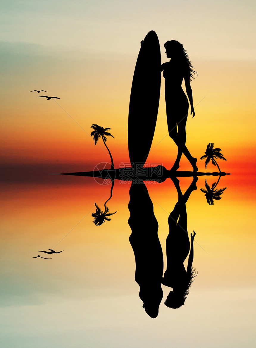冲浪光影插图情调海岸棕榈异国女孩女士假期日落冲浪者图片