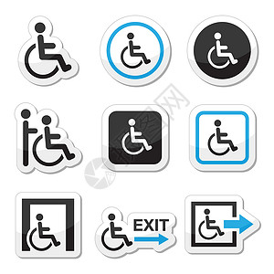 残疾人通道男子乘坐轮椅 残疾人 紧急出口图标标签障碍通道座位医院车轮药品正方形治疗楼梯插画