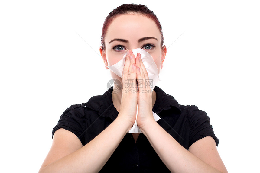 女商务人士吹她的鼻子疾病女士流感白色人士商务手帕女性工作室病菌图片