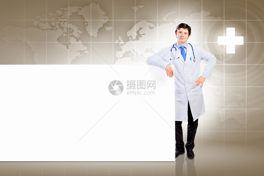 带横幅的男医生职业全球外科男性长袍白色工人广告从业者男人图片