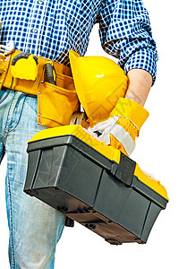 工人手中的工具箱承包商工作工匠修理工木匠手套男人安全帽防护衬衫家装高清图片素材