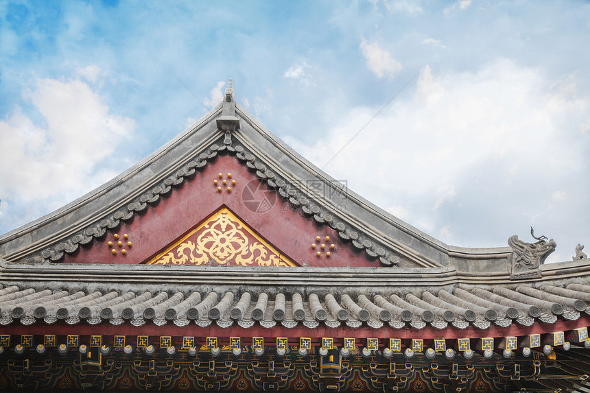 在中国大厦上 特写了板块的屋顶瓷砖旅游历史文化动物目的地代表天空建筑摄影野兽图片