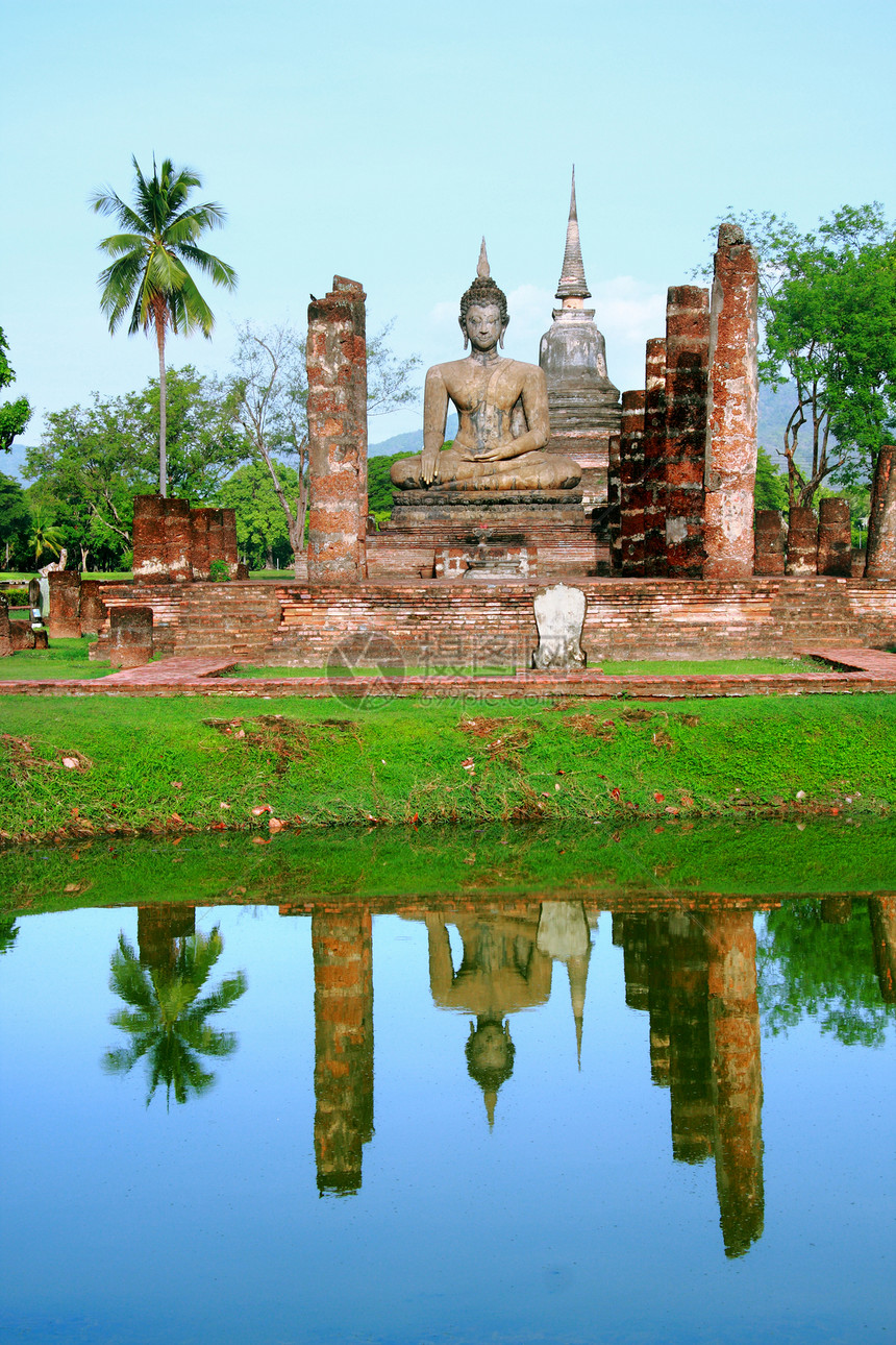 泰国马那寺庙蓝色反射雕像废墟历史佛像公园宗教宝塔文化图片