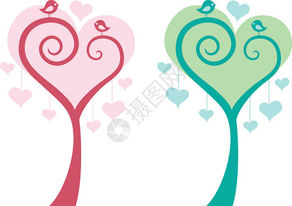 带鸟儿和矢量的心树卡片情人婚姻插图订婚夫妻绘画庆典蓝绿色翅膀背景图片