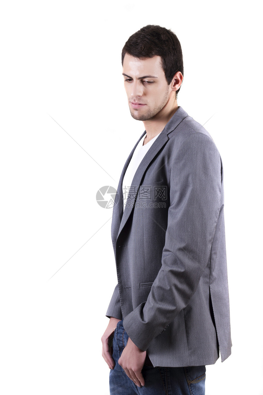 白人青年男子成人姿势白色男性工作室男人衣服外套图片