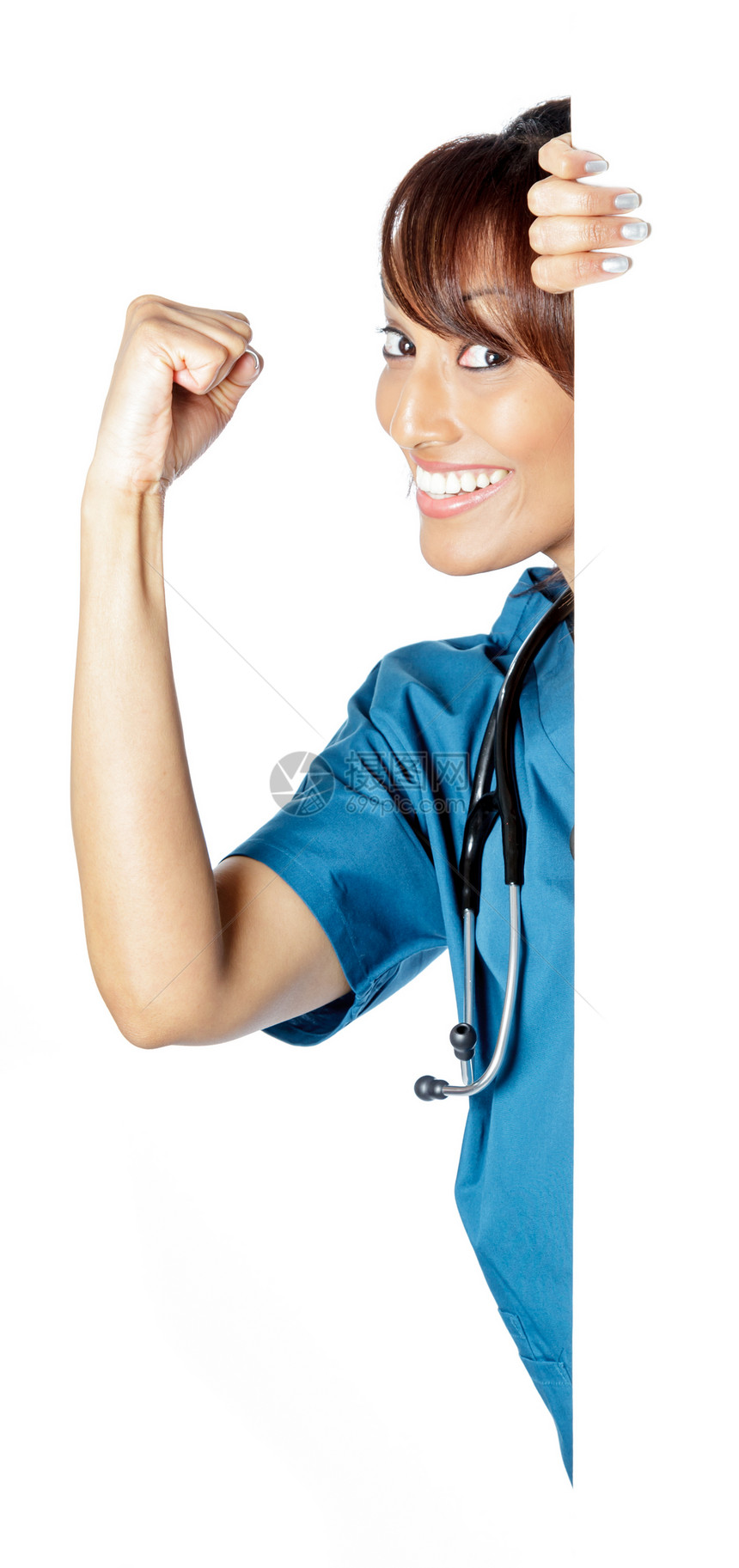 有吸引力的印度妇女孤立在白种背景上护士医学幸福胜利医护人员女性医生职业成人拳头图片