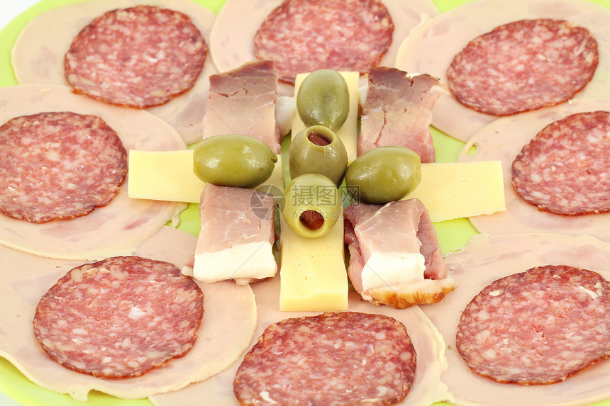 火腿腊肠奶酪和橄榄食品背景图片