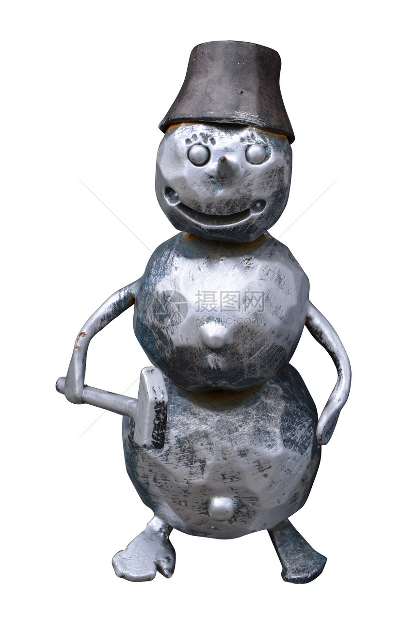 孤立的伪造金属雪人 用锤子敲着一个白色的背骨图片
