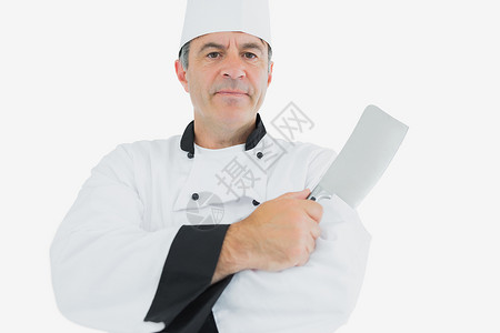 拿着肉刀的厨师工作厨房职业男性工人白人用具制服菜刀背景图片