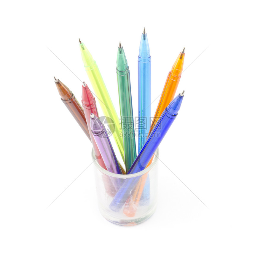 白上孤立的彩色笔塑料钢笔乐器宏观工具毛毡圆珠笔金属紫色工作图片