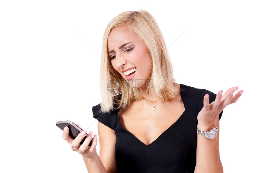 拥有智能手机的有吸引力的年轻商业女青年工具商务快乐消息成人技术互联网白色电话人士图片