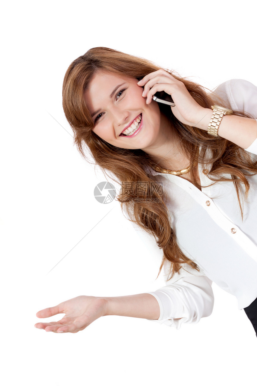 拥有智能手机的有吸引力的年轻商业女青年工具商务微笑女士屏幕女孩人士电话快乐消息图片