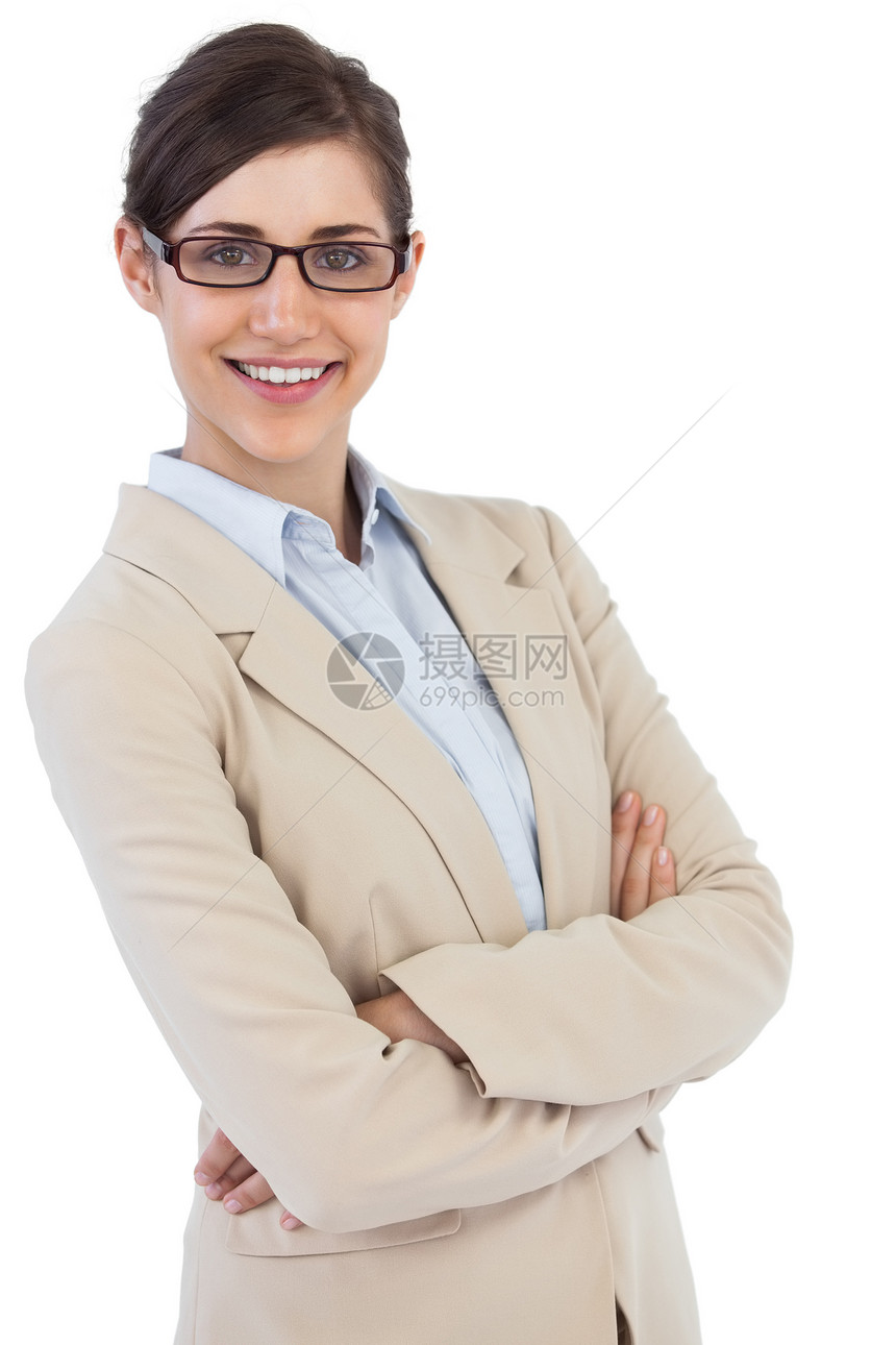 戴眼镜的笑脸女商务人士套装女士人士职业微笑商务女性双臂棕色头发图片