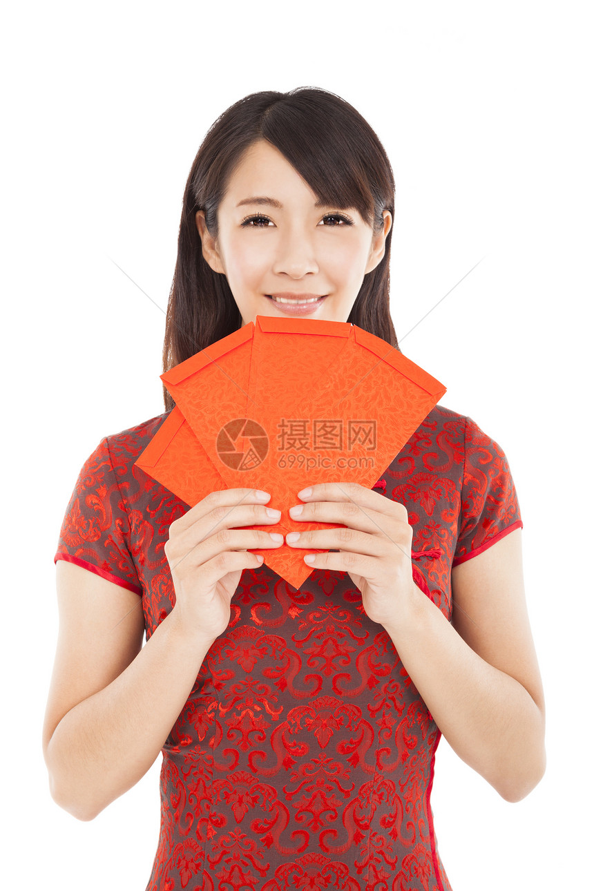 新年中国人快乐的新年 带着红包的亚洲女人图片