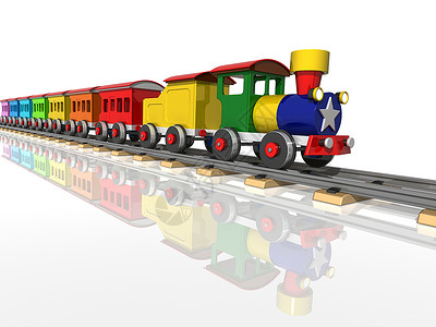 3D火车多色马车的玩具火车 3d白色孩子车轮童年旅行反射游戏运输车辆机车背景