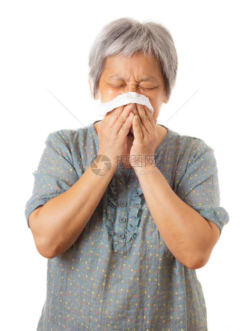 年长老年妇女打喷嚏女人疾病老太婆退休白色流鼻涕老人组织男人图片